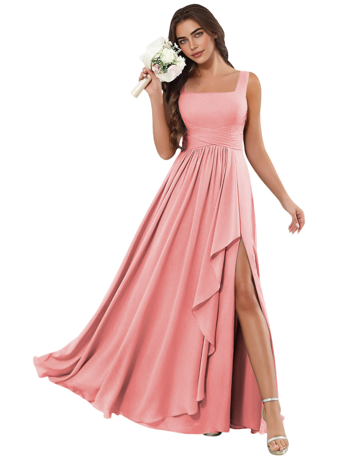 Square Neck Chiffon Bridesmaid Dress with Corset Back and Slit