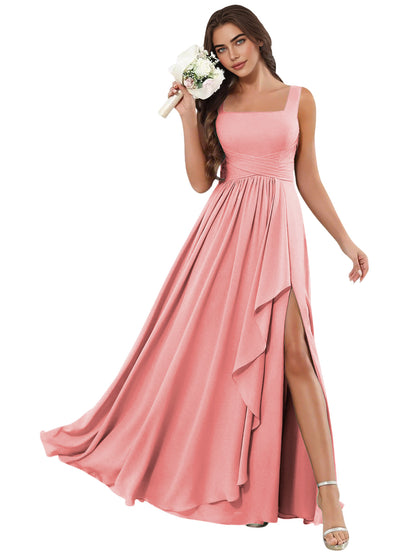 Square Neck Chiffon Bridesmaid Dress with Corset Back and Slit