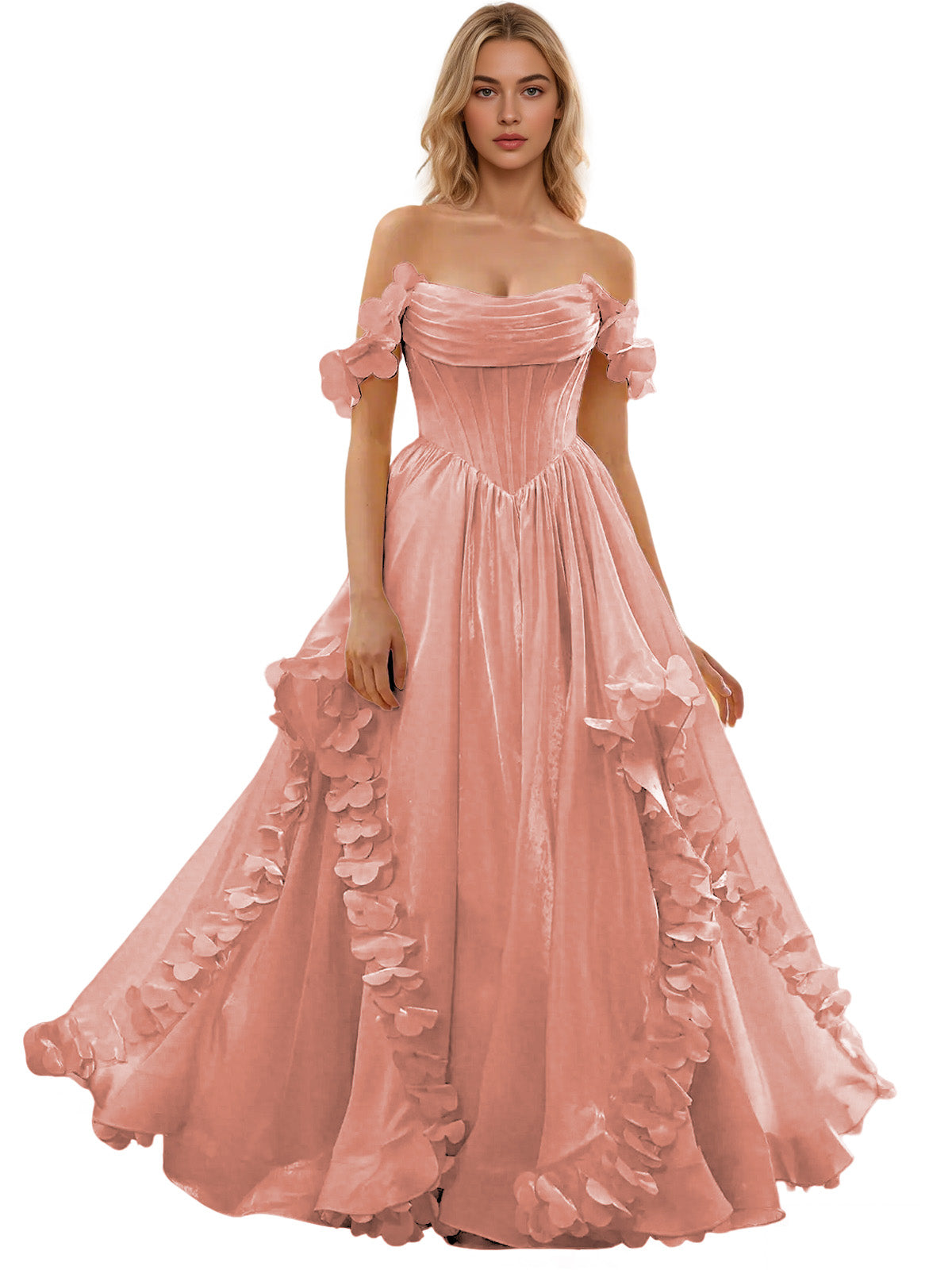 Off Shoulder Ruffle Tulle Ball Gown Prom Dress with Floral Applique