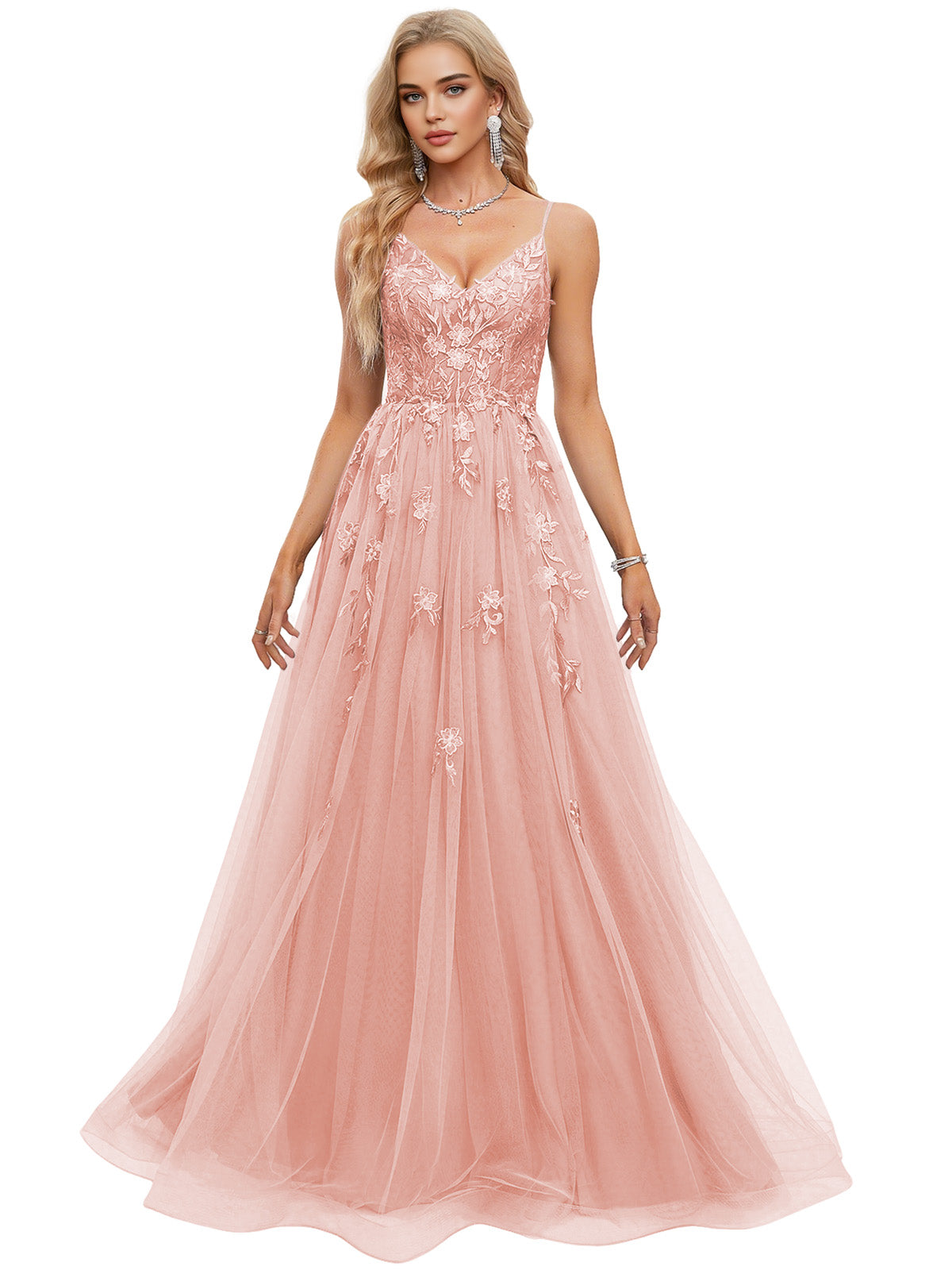 Beaded Bodice Tulle Ball Gown Prom Dress with Spaghetti Straps