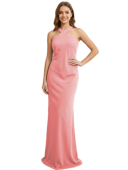 High Neck Halter Bridesmaid Dress with Sleek Column Silhouette