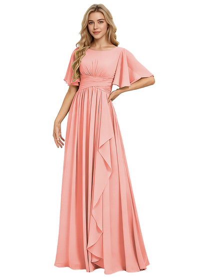 Flutter Sleeve Chiffon Bridesmaid Dress with Tiered Front Ruffle