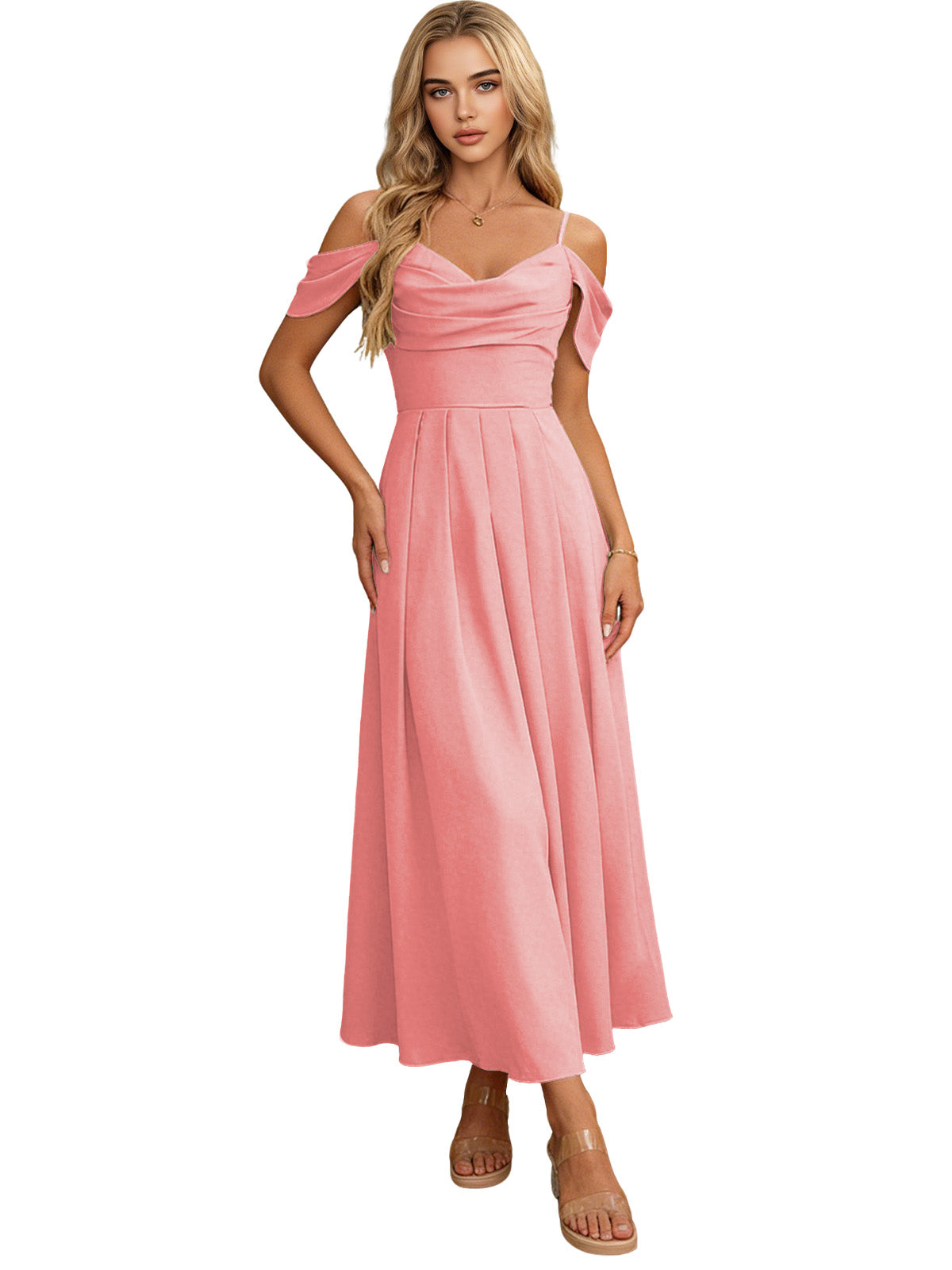 Off Shoulder Midi Bridesmaid Dress with Pleated Bodice and Flowing dress