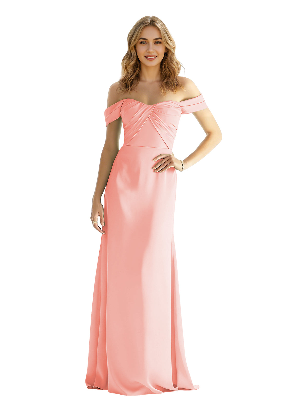 Sweetheart Off Shoulder Satin Bridesmaid Dress with Wrapped Bodice