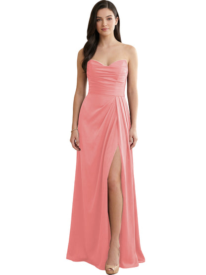 Strapless Pleated Satin Bridesmaid Dress with Side Slit