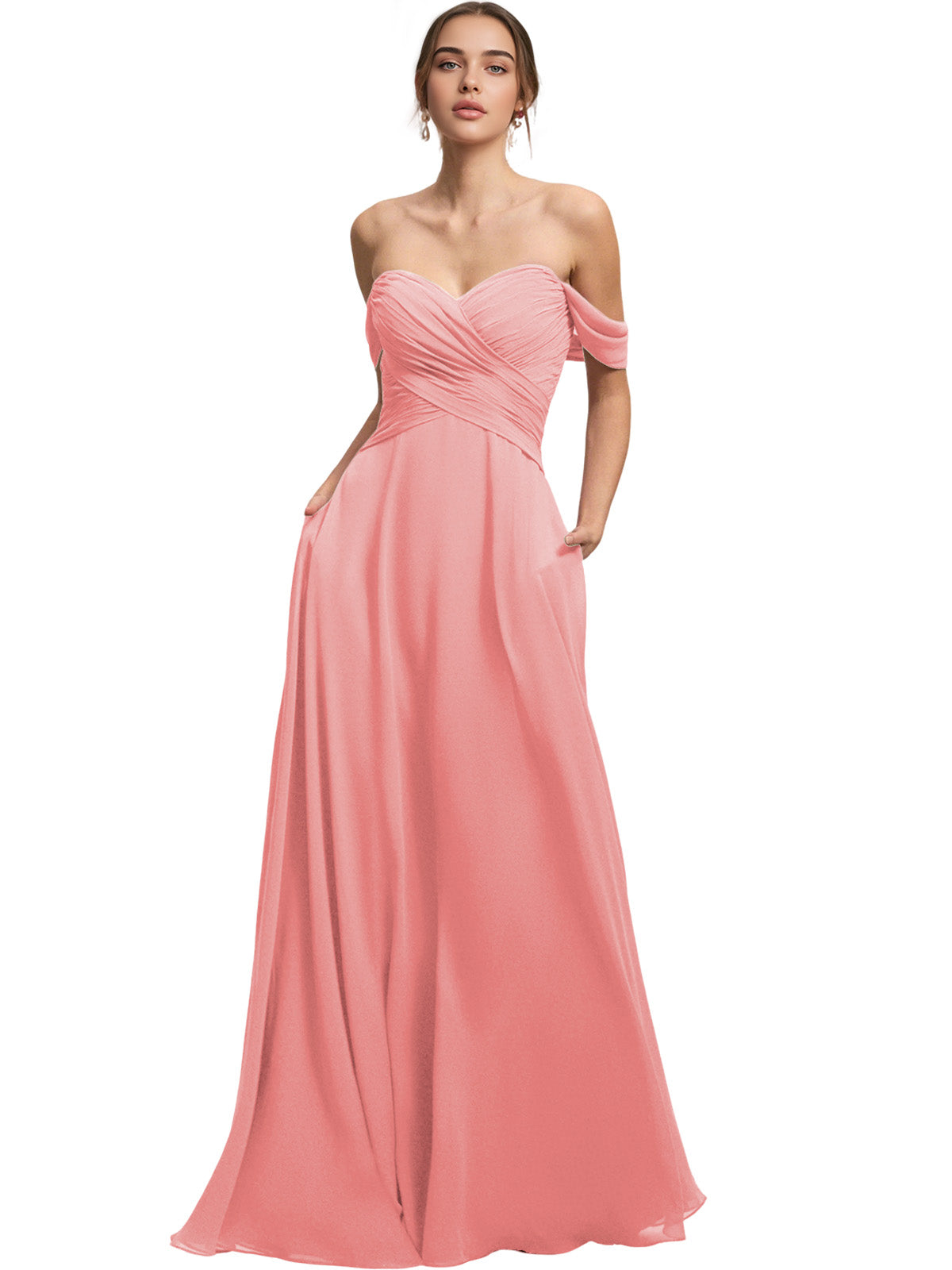 Off Shoulder Chiffon Bridesmaid Dress with Draped Bodice and A-Line Dress