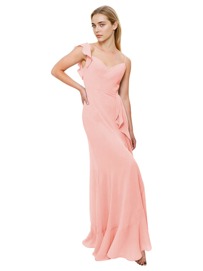 V-Neck Ruffle Strap Bridesmaid Dress with Cascading Chiffon Dress