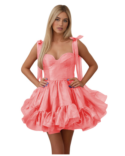Bow Shoulder Satin Corset Ruffle Homecoming Dress