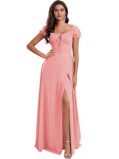 Ruched Short Sleeve Chiffon Bridesmaid Dress with Side Slit