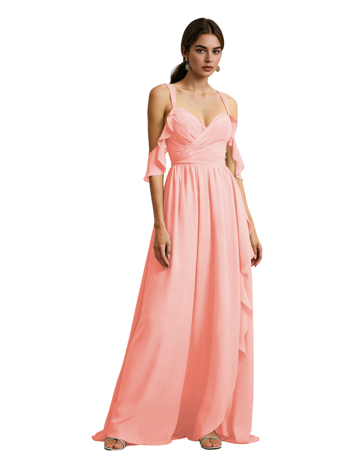 Cold Shoulder Chiffon Bridesmaid Dress with Draped V-Neck Bodice