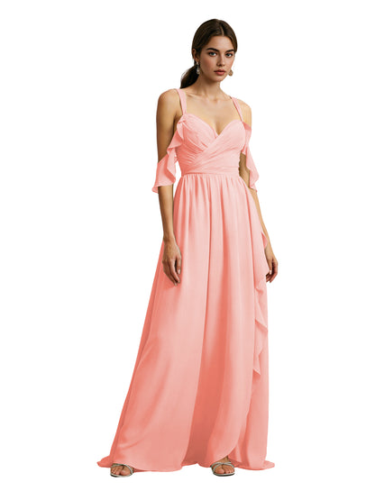 Cold Shoulder Chiffon Bridesmaid Dress with Draped V-Neck Bodice