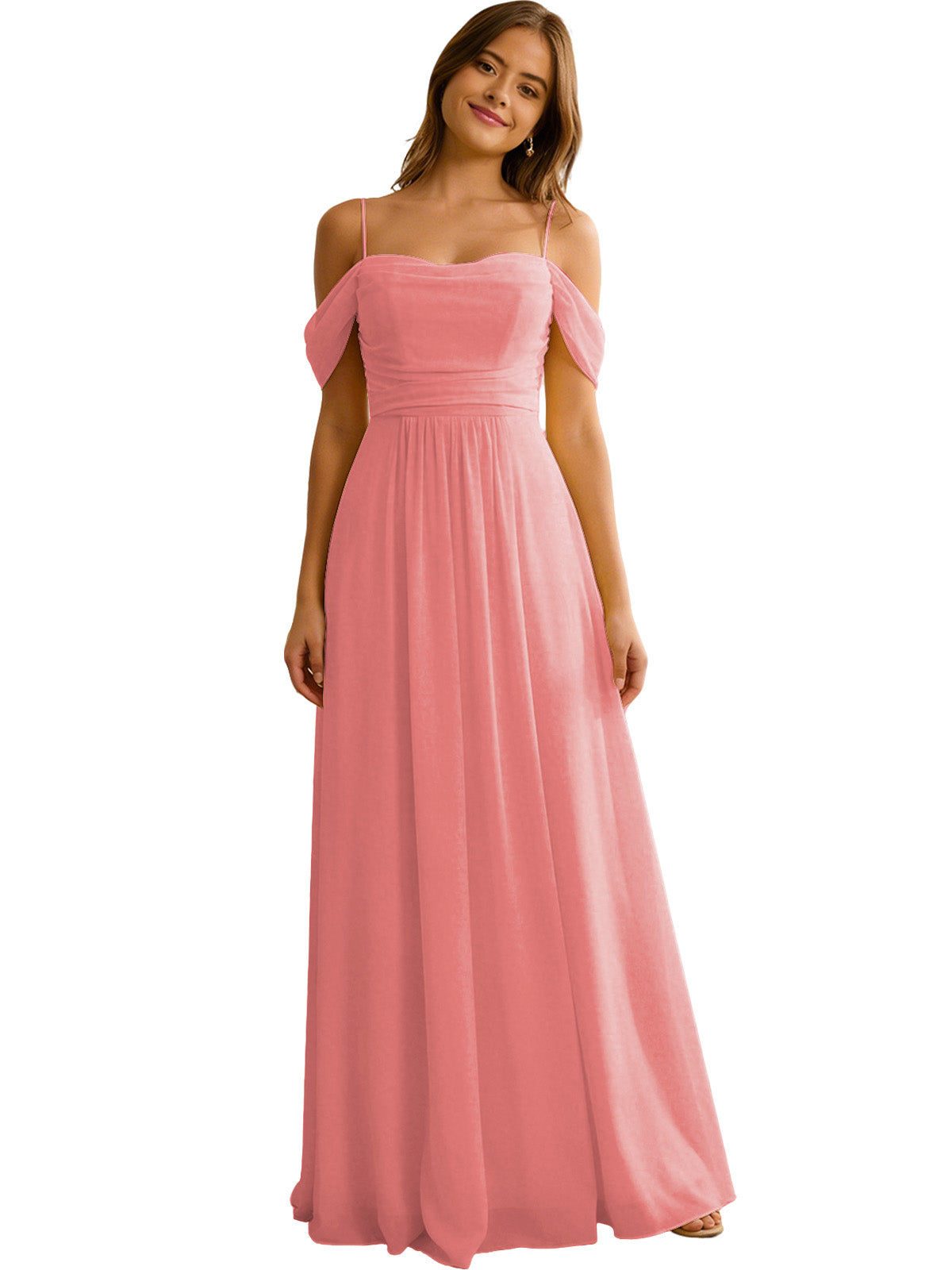 Off Shoulder Chiffon Bridesmaid Dress with Soft Pleated Bodice