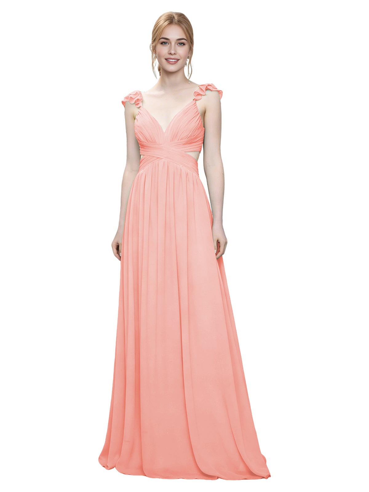 Ruffle Strap V-Neck Tulle Bridesmaid Dress with Pleated Waist