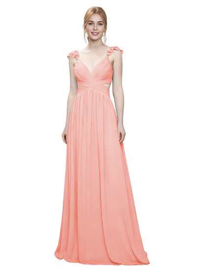 Ruffle Strap V-Neck Tulle Bridesmaid Dress with Pleated Waist
