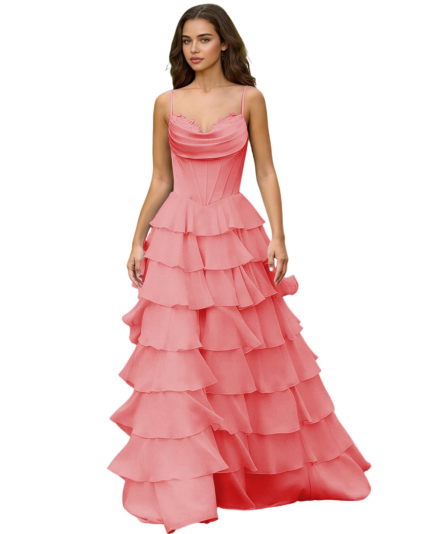 Spaghetti Strap Tiered Chiffon A-Line Prom Dress with Ruffle dress