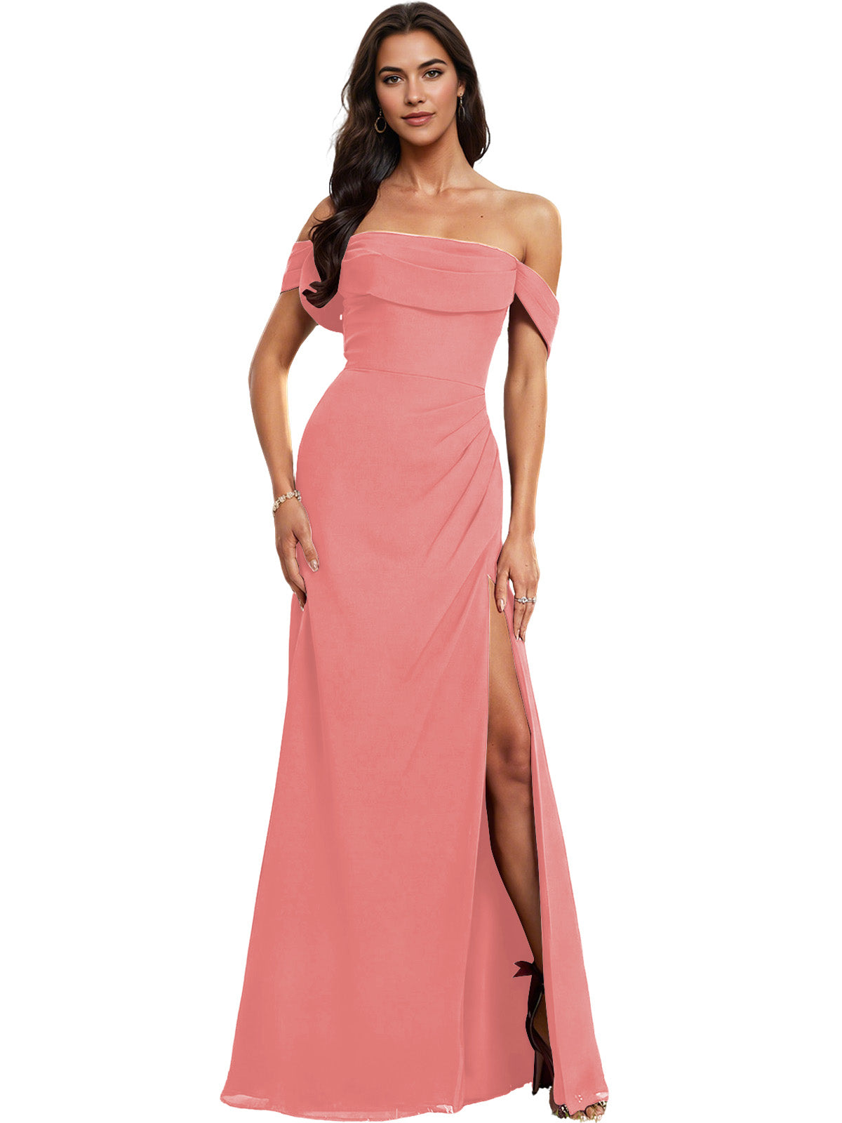Off Shoulder Crepe Bridesmaid Dress with Foldover Neckline and Slit