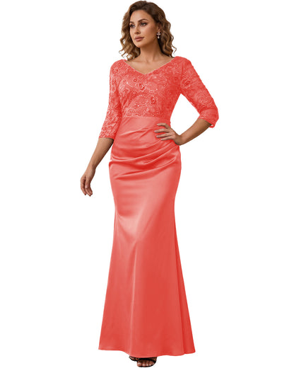 Mother of the Bride Dress Long Lace Mermaid Formal Gown with 3/4 Sleeves