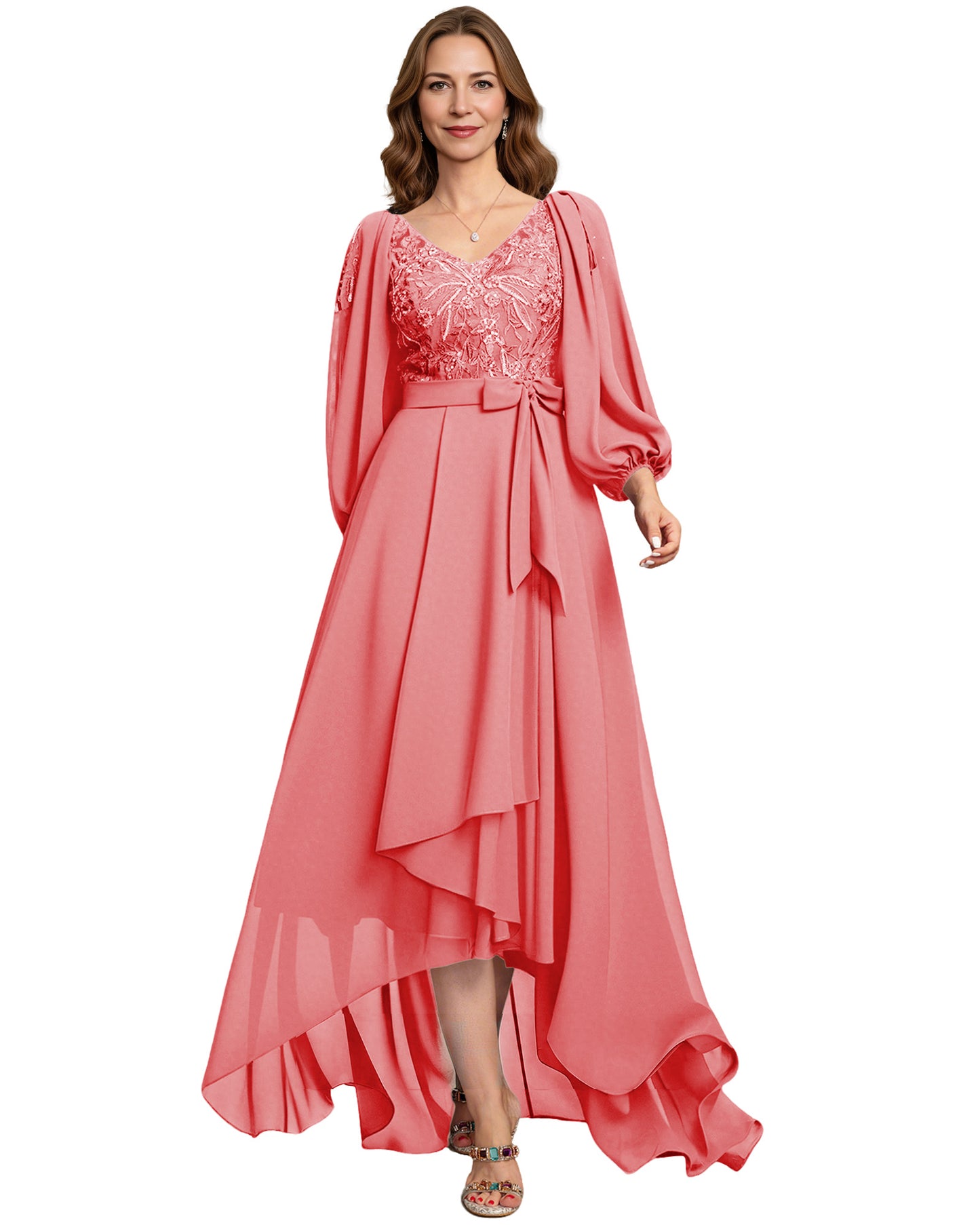 High Low Mother of the Bride Dress Lace Bodice Chiffon Jacket Formal Wedding Gown
