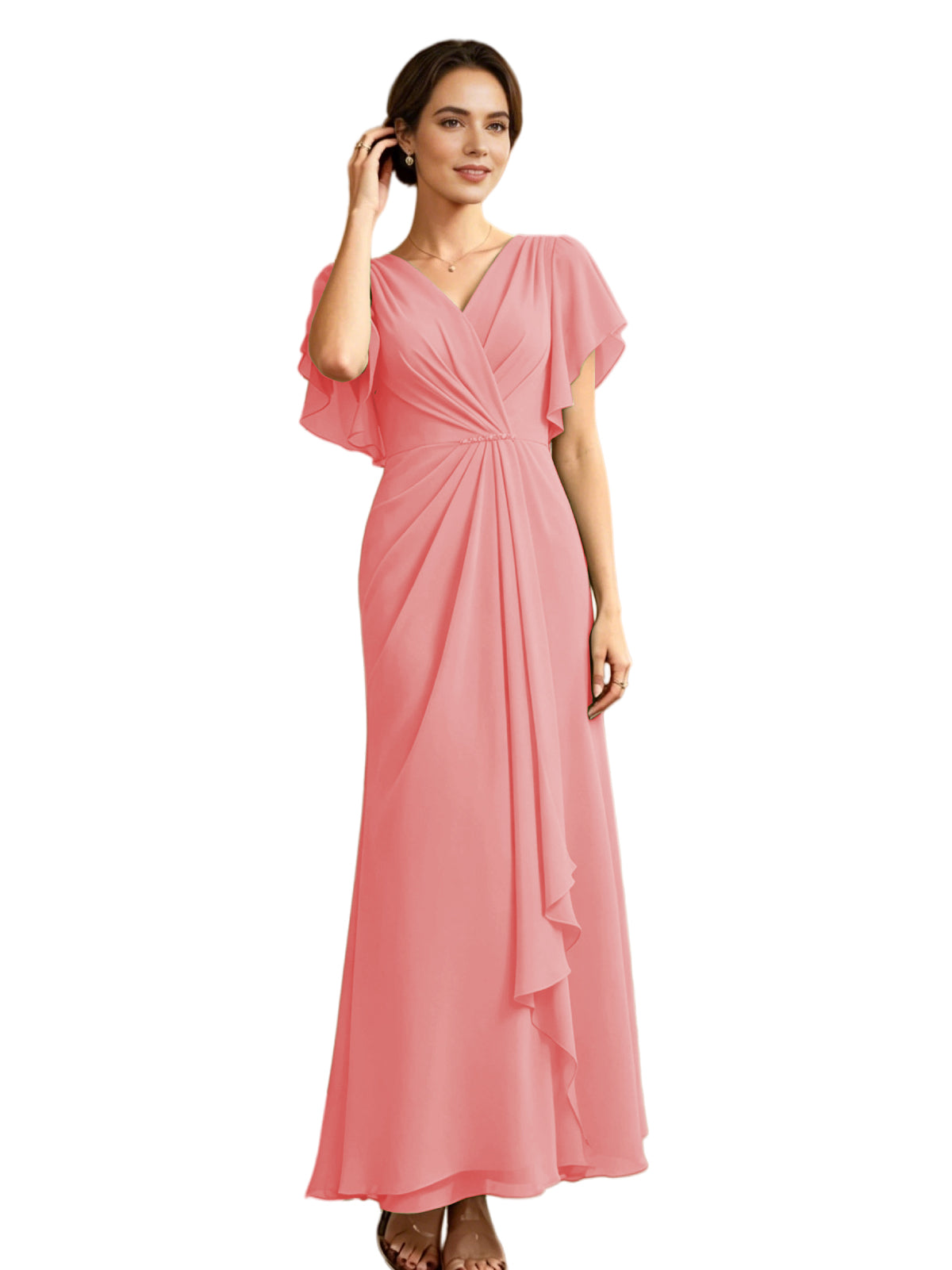 Long Chiffon Mother of the Bride Dress V-Neck Flutter Sleeve A-Line Gown with Beaded Waist