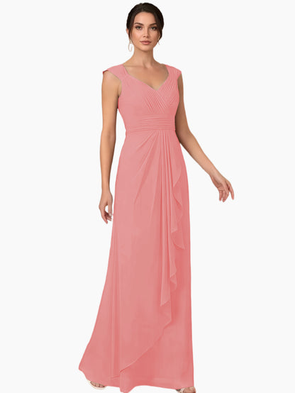 Mother of the Bride Dress Long Sleeveless V-Neck Chiffon Formal Gown with Ruffle Detail