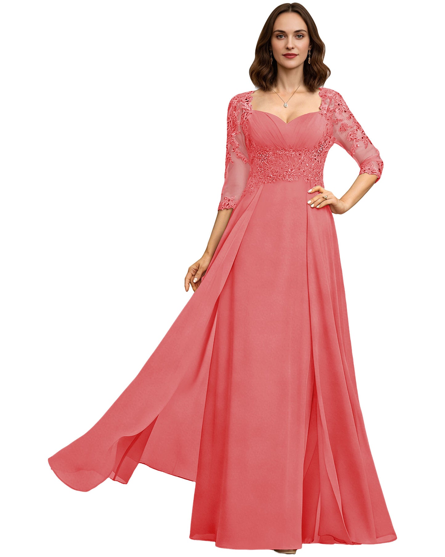Long Sweetheart Mother of the Bride Dress Lace 3/4 Sleeve Chiffon A-Line Gown