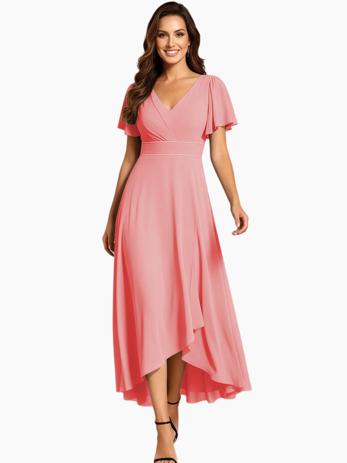 High Low Mother of the Bride Dress V-Neck Flutter Sleeve Chiffon Formal Gown