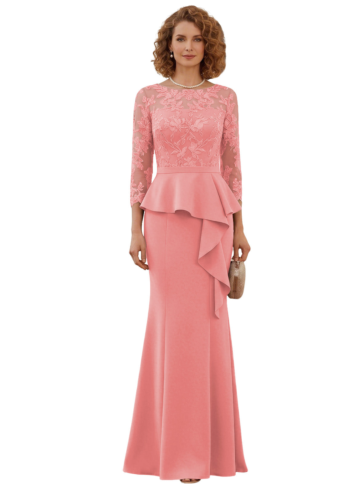 Long Mother of the Bride Dress Lace Illusion Bodice Peplum Mermaid Formal Evening Gown