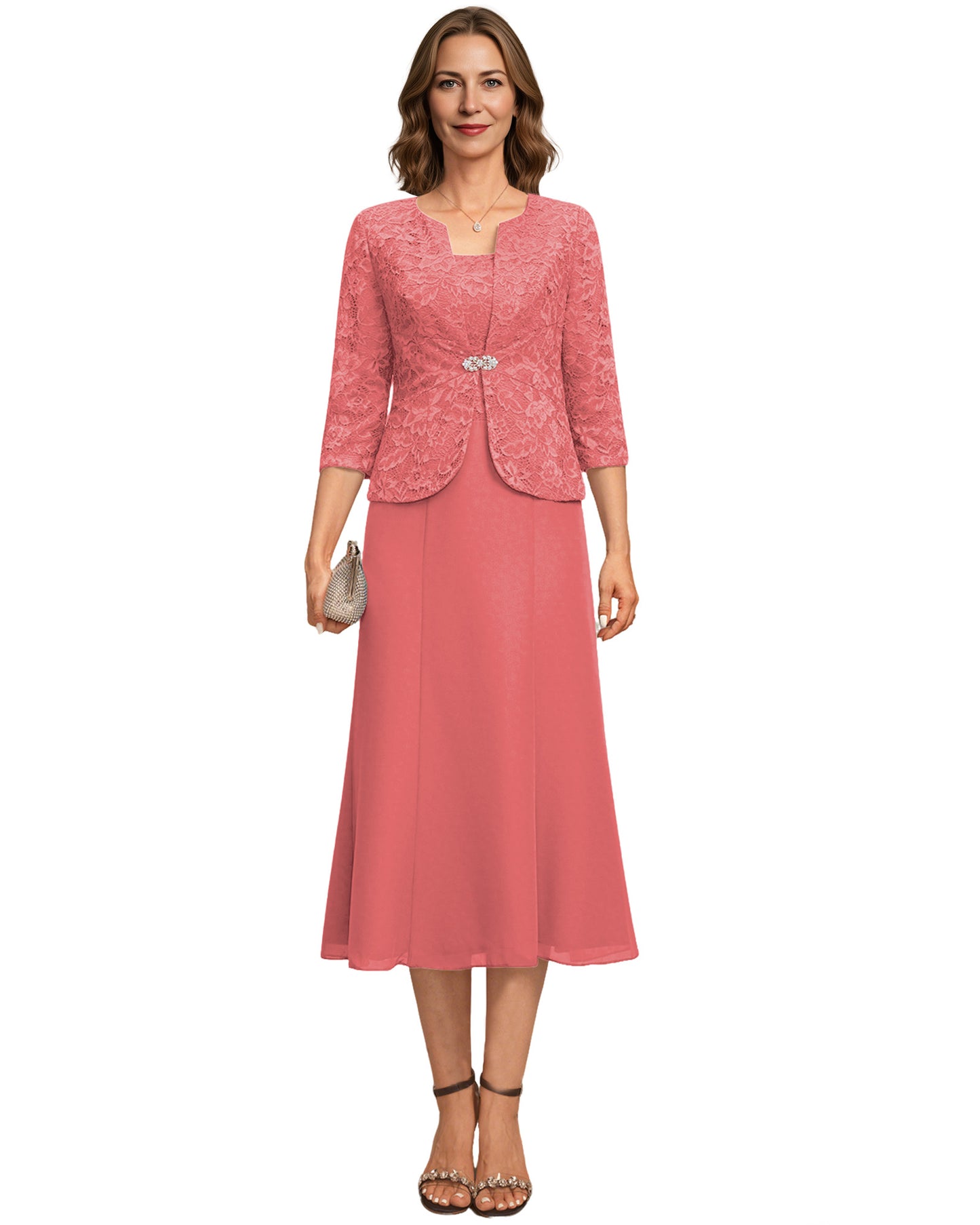 Tea Length Mother of the Bride Dress Lace Jacket Chiffon A-Line Wedding Guest Outfit