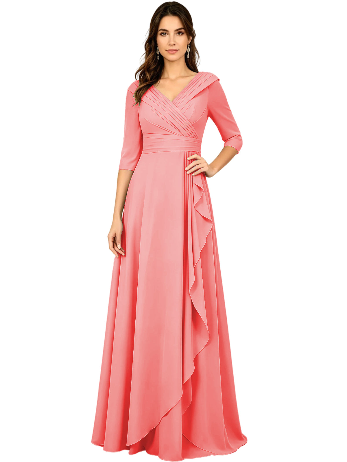 Long V-Neck Mother of the Bride Dress Chiffon Half Sleeve A-Line Gown with Side Ruffle