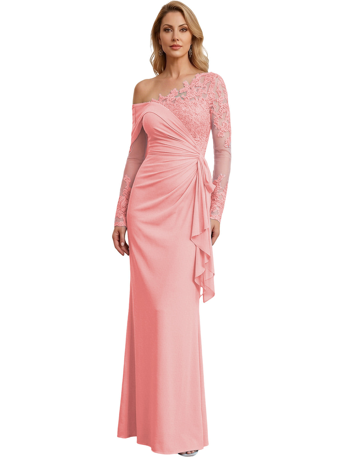 One Shoulder Mother of the Bride Gown Long Lace Sleeve Mermaid Dress with Draped Ruffle