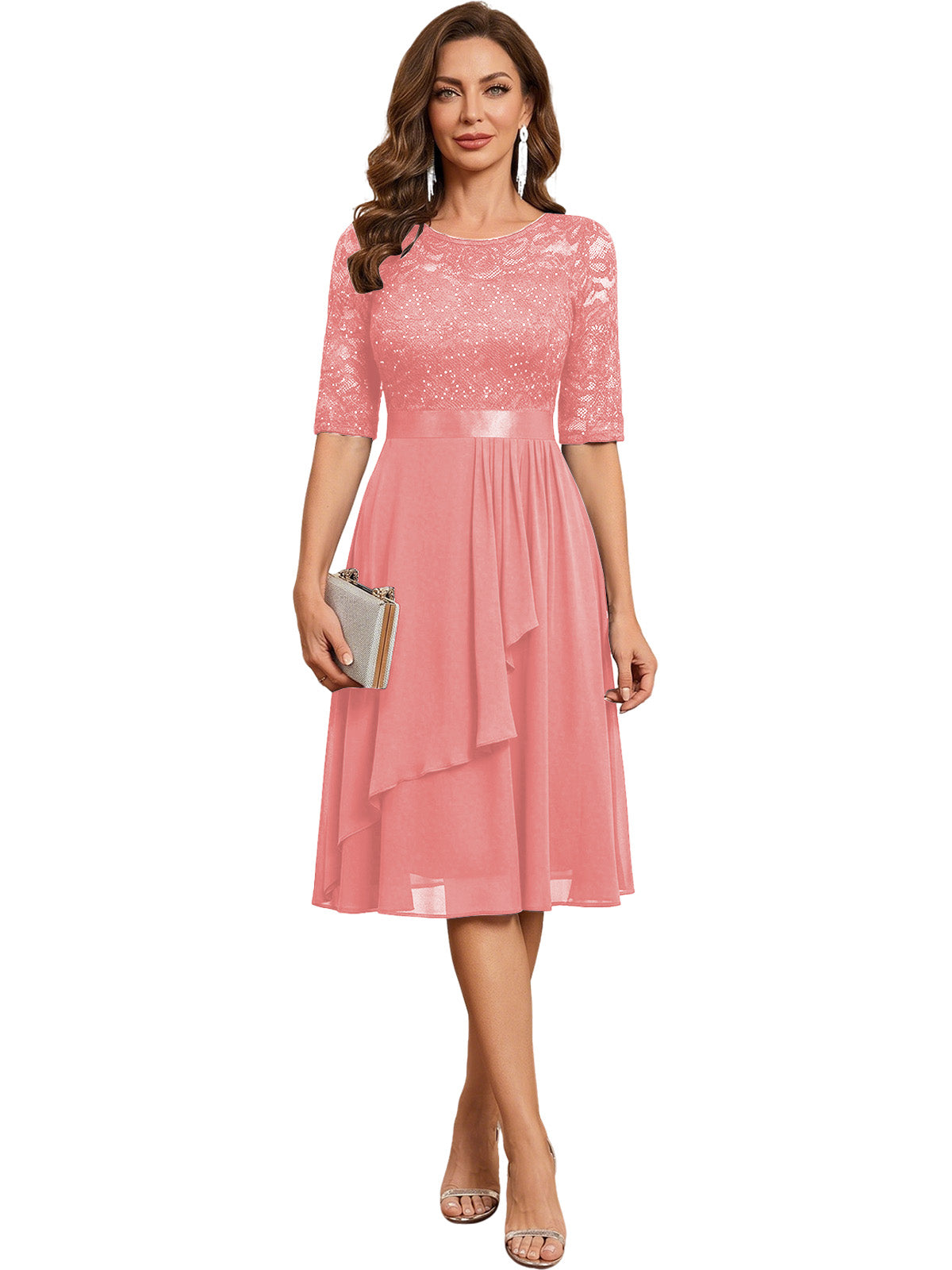 Knee Length Mother of the Bride Dress Sequined Lace Bodice Chiffon Skirt Formal Guest Outfit