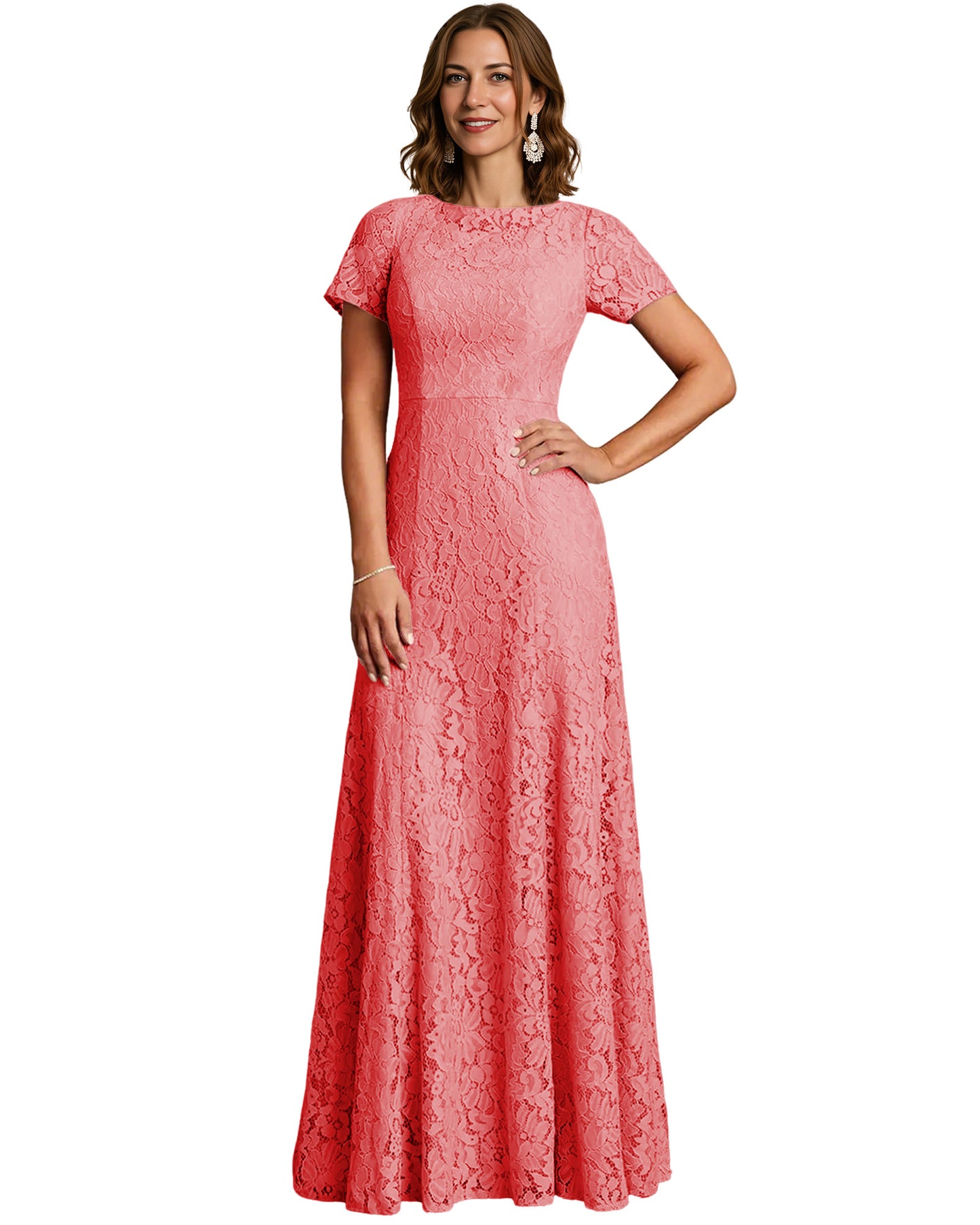 Long Lace Mother of the Bride Dress Short Sleeve Mermaid Gown with Crew Neckline