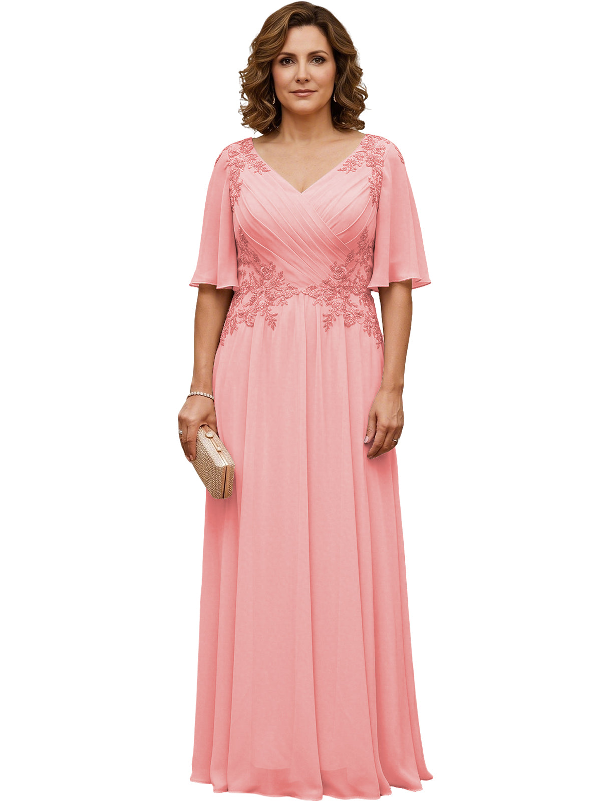Mother of the Bride Dress Long Chiffon A-Line Gown with Flutter Sleeves and Beaded Lace