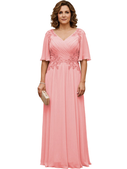 Mother of the Bride Dress Long Chiffon A-Line Gown with Flutter Sleeves and Beaded Lace
