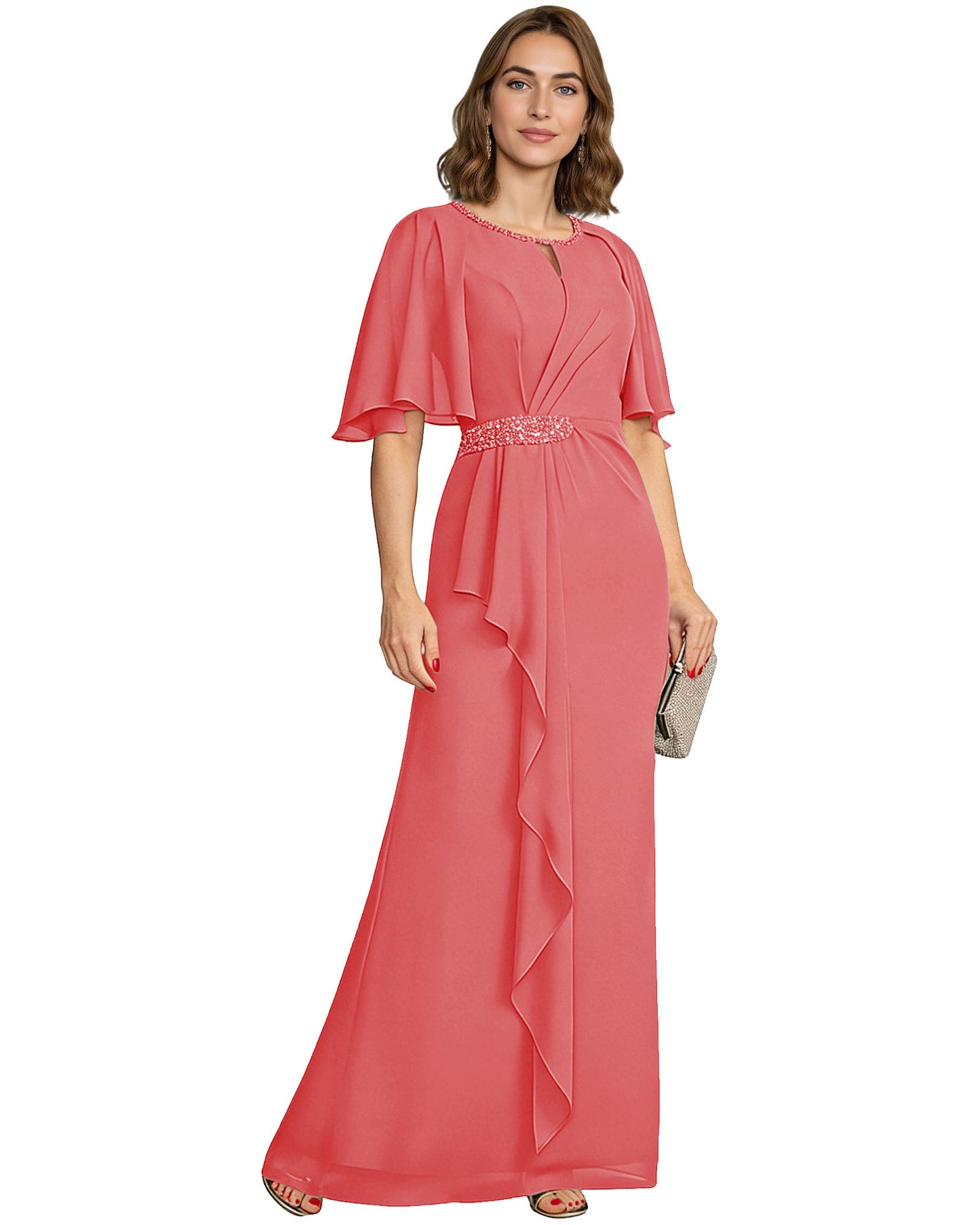 Long Mother of the Bride Dress Chiffon Flutter Sleeve Beaded Waist Formal A-Line Gown