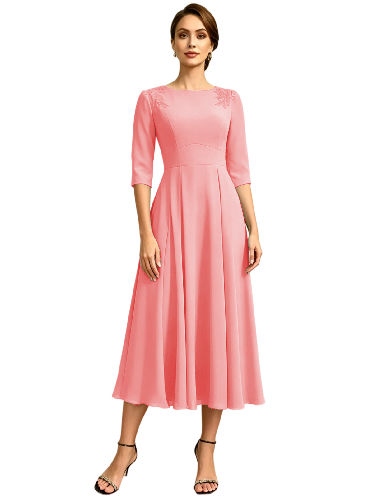 Tea Length Mother of the Bride Dress Jewel Neck Chiffon A-Line Formal Gown with Embroidery