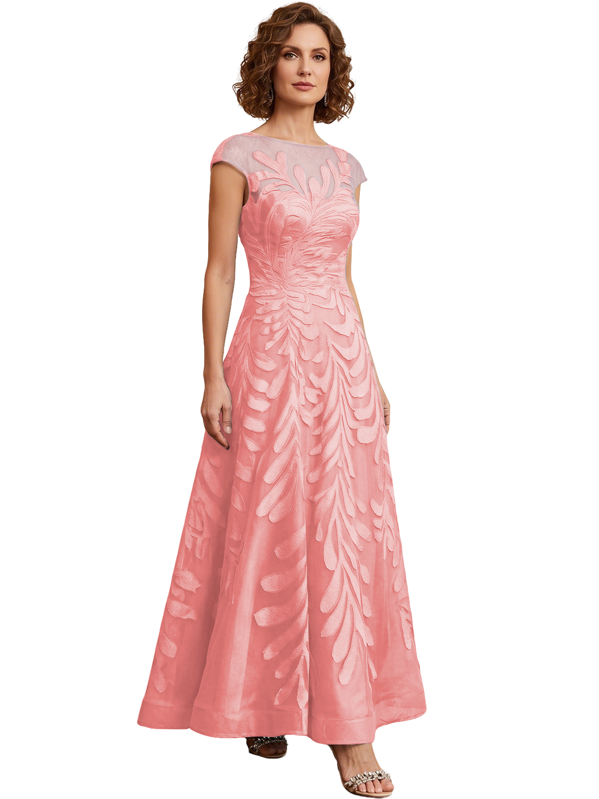 Embroidered Tulle Mother of the Bride Dress Long A-Line Gown with Illusion Cap Sleeves
