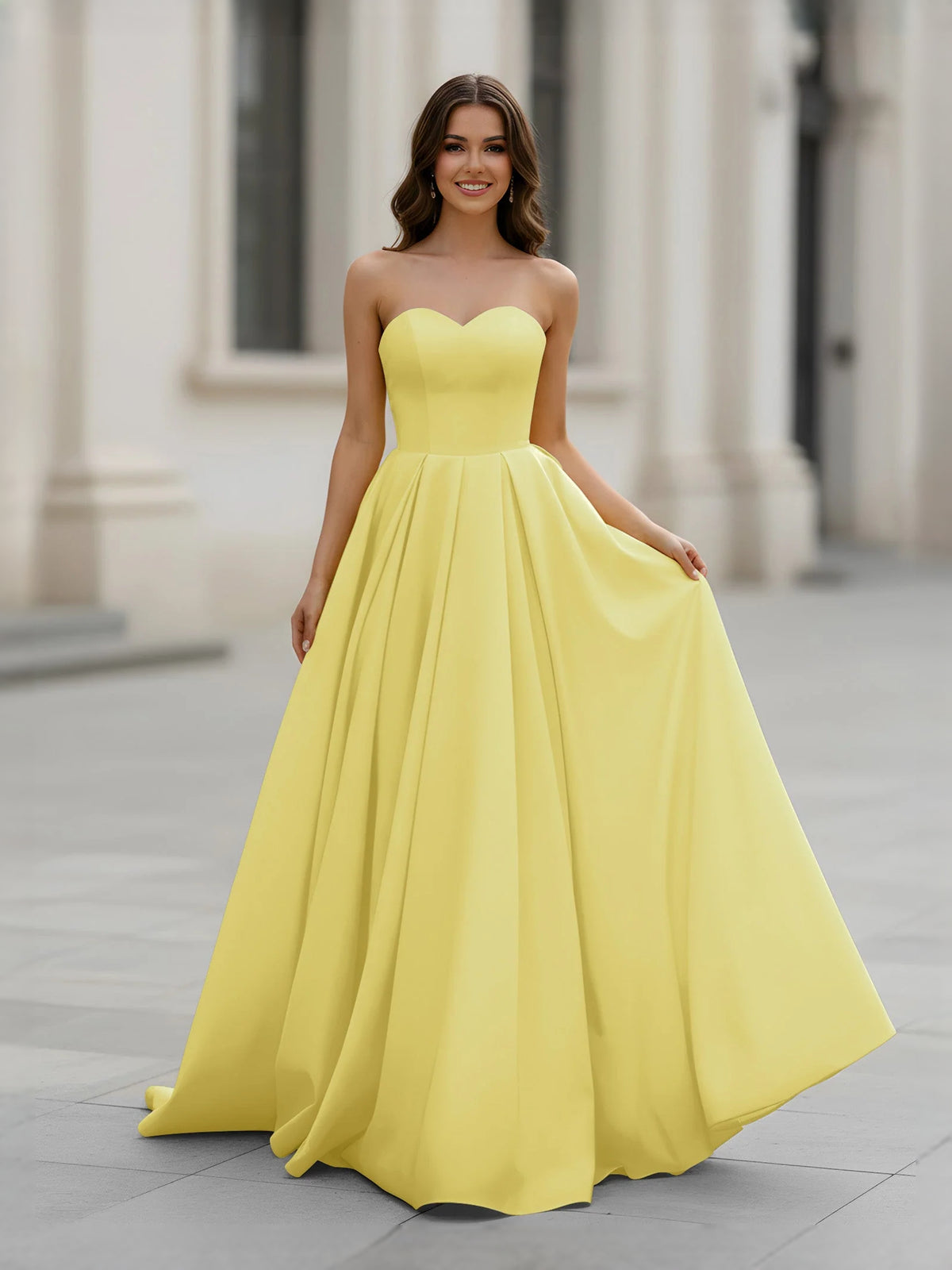 Daffodil Pleated Draped Sweetheart A-Line Maxi Satin Prom Dress for Red Carpet Event