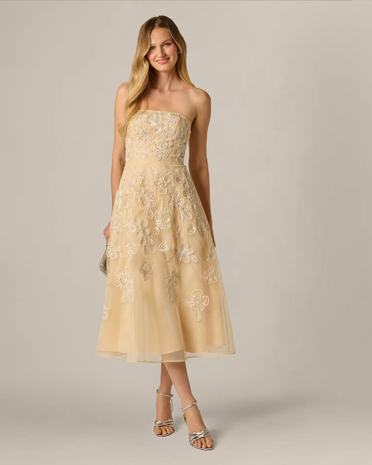 Floral Print Strapless A-Line Midi Mother of the Bride Dress for Anniversary Celebration