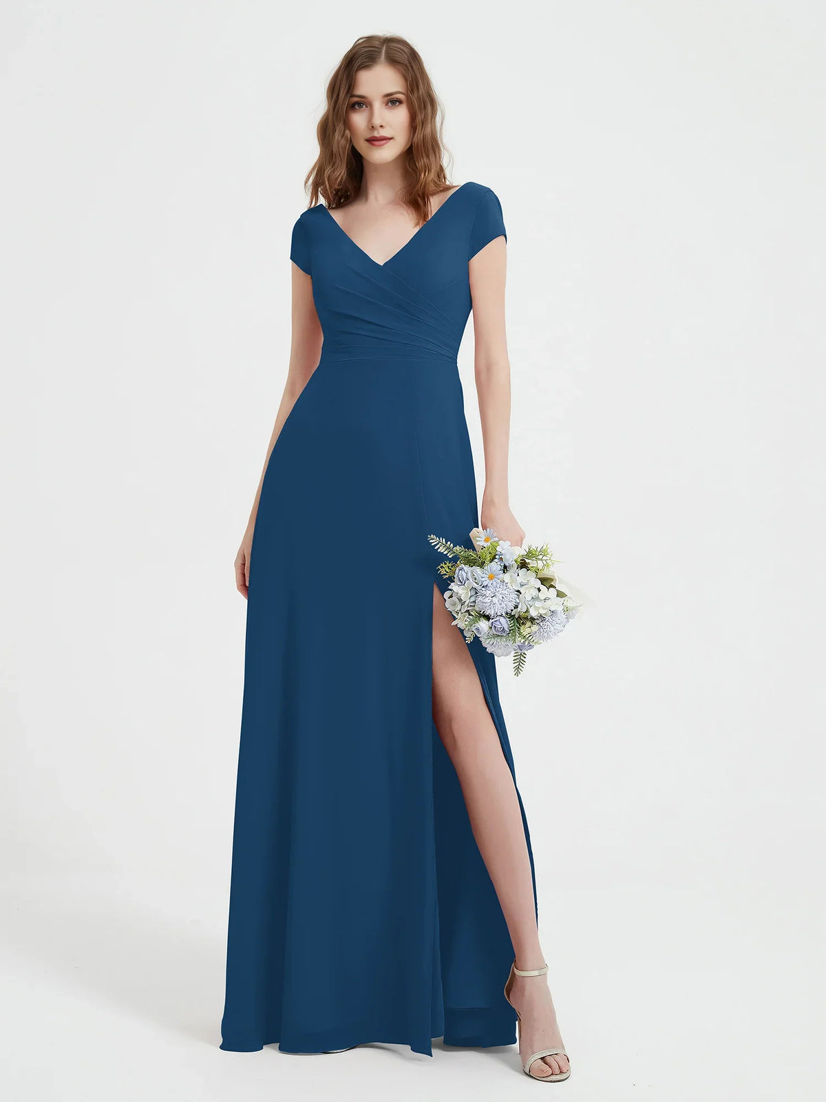 Ruched Side-Slit Slit V Neck A-Line Maxi Chiffon Bridesmaid Dress for Wedding Ceremony