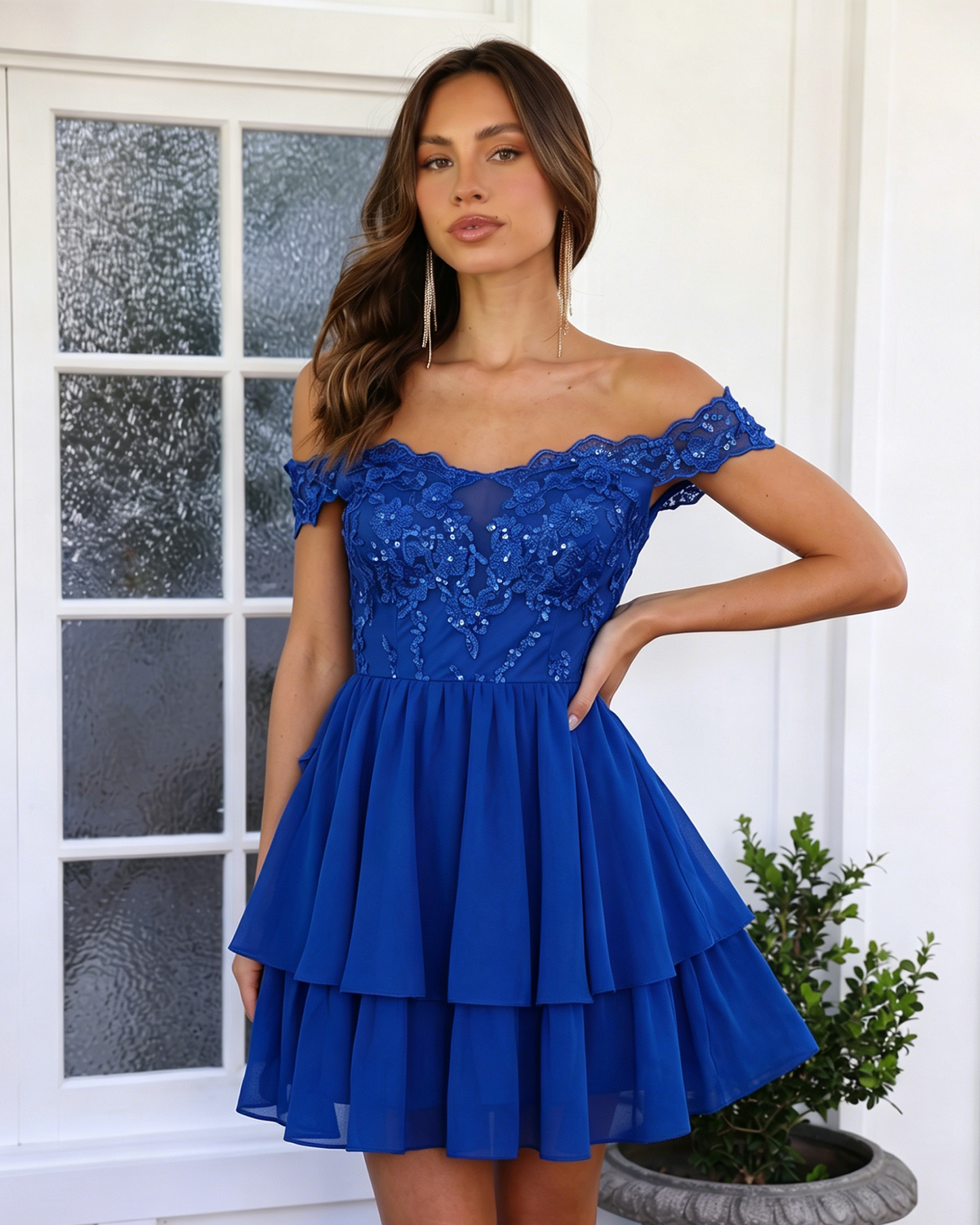 Off Shoulder Lace A-Line Homecoming Dress with Tiered Skirt