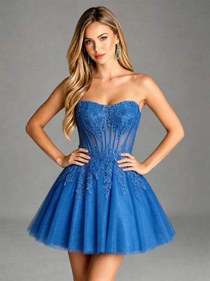 Strapless Lace Applique Glitter Tulle Homecoming Dress