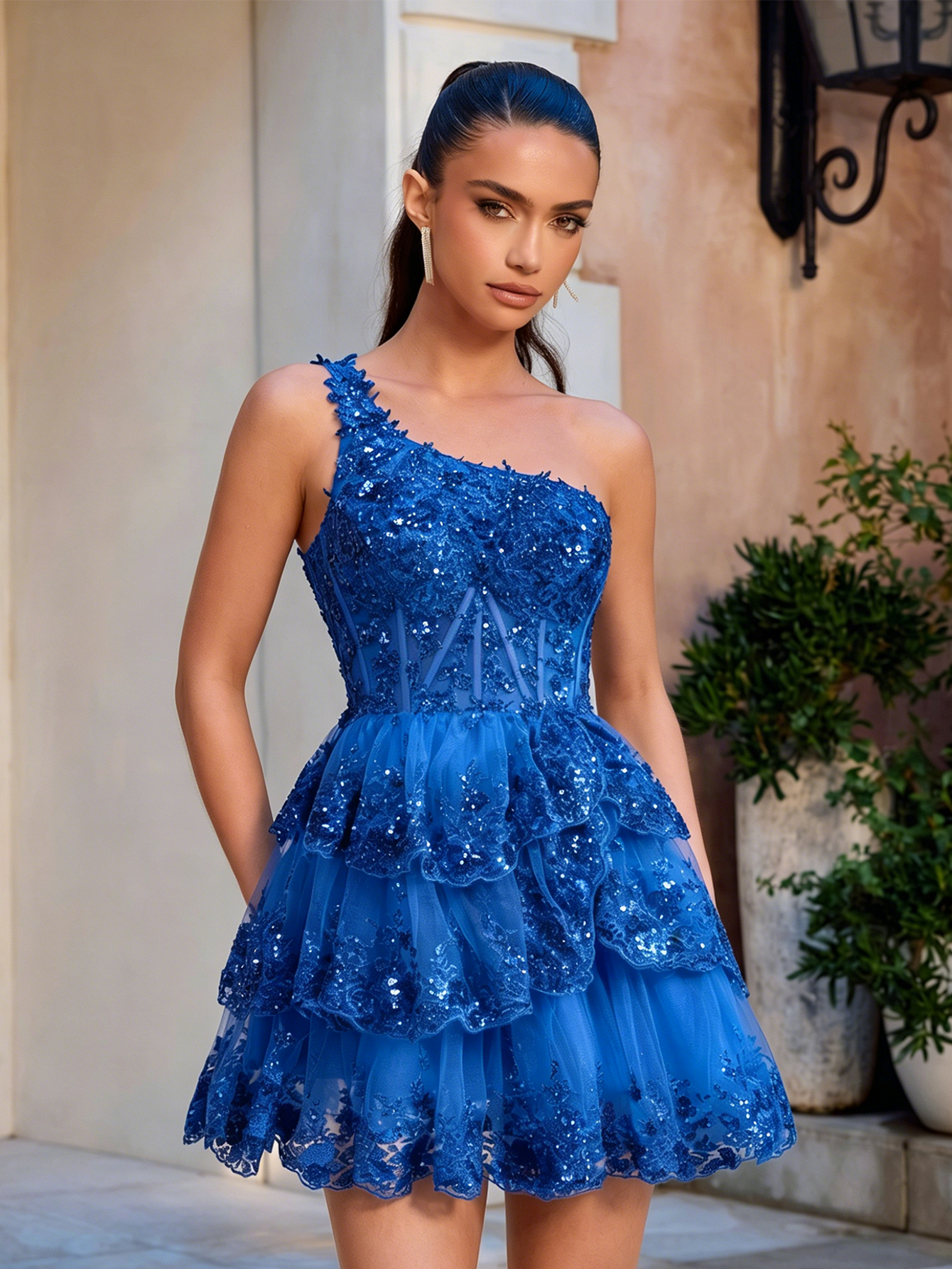 One Shoulder Sequin Lace Corset Tiered Homecoming Dress