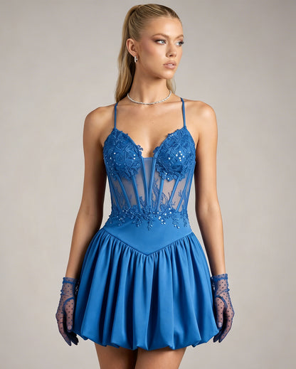 Spaghetti Strap Lace Corset Homecoming Dress with Flared Skirt
