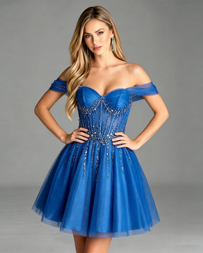 Off Shoulder Beaded Corset Tulle A-Line Homecoming Dress
