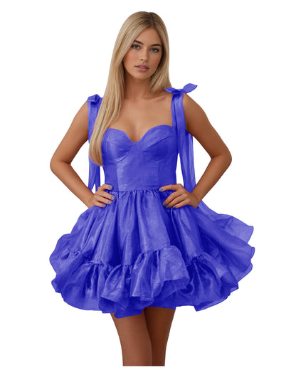 Bow Shoulder Satin Corset Ruffle Homecoming Dress