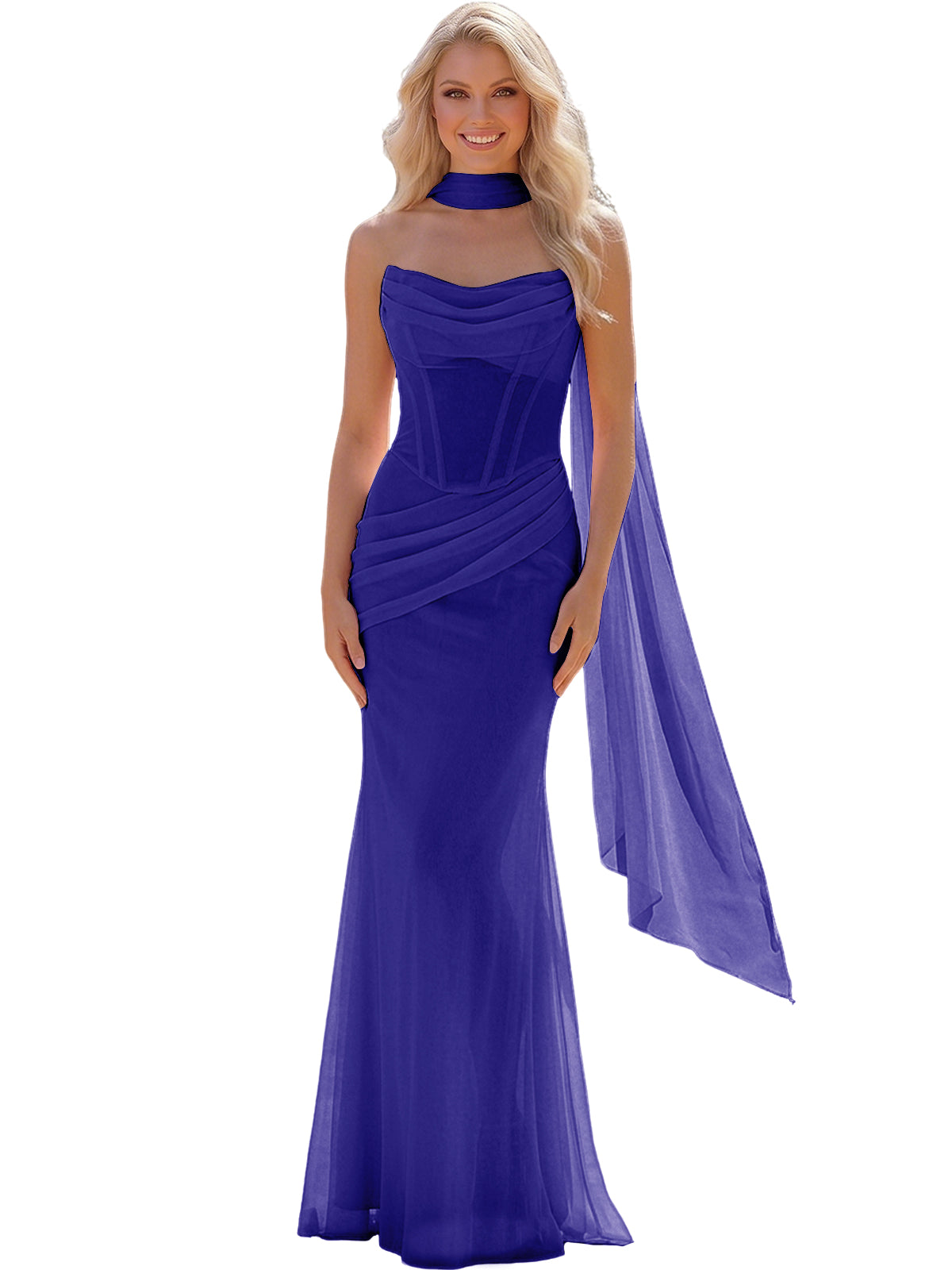 Strapless Chiffon Bridesmaid Gown with Sheer Boned Bodice, Ruched Waist and Scarf