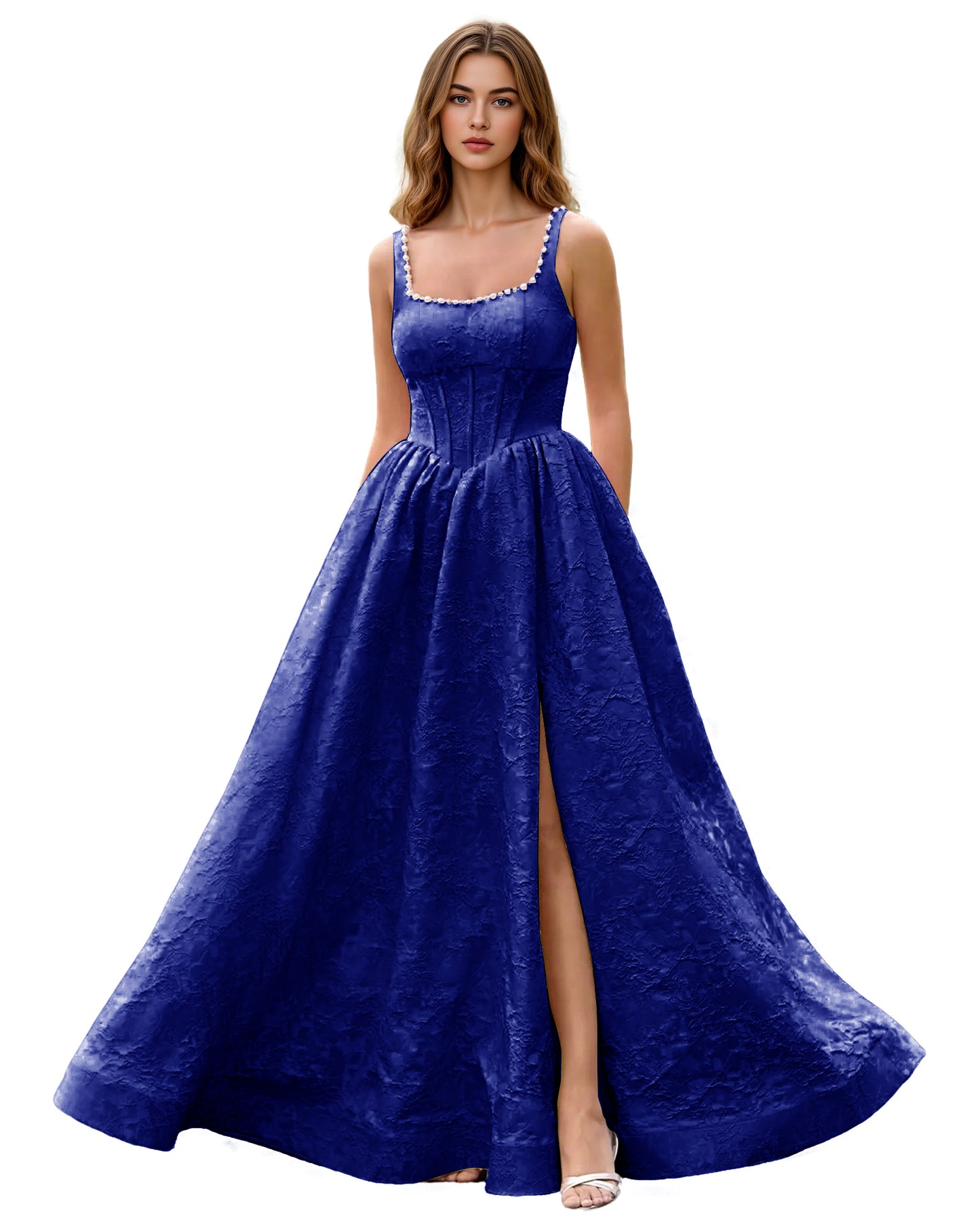 Square Neck Jacquard Ball Gown Prom Dress with Wide Straps and Pockets