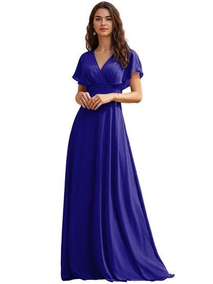 Flutter Sleeve V-Neck Chiffon Bridesmaid Dress with Flowing dress