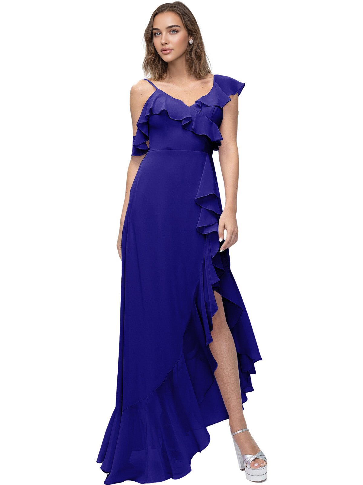 Asymmetrical Ruffle Chiffon Bridesmaid Dress with High Low Slit